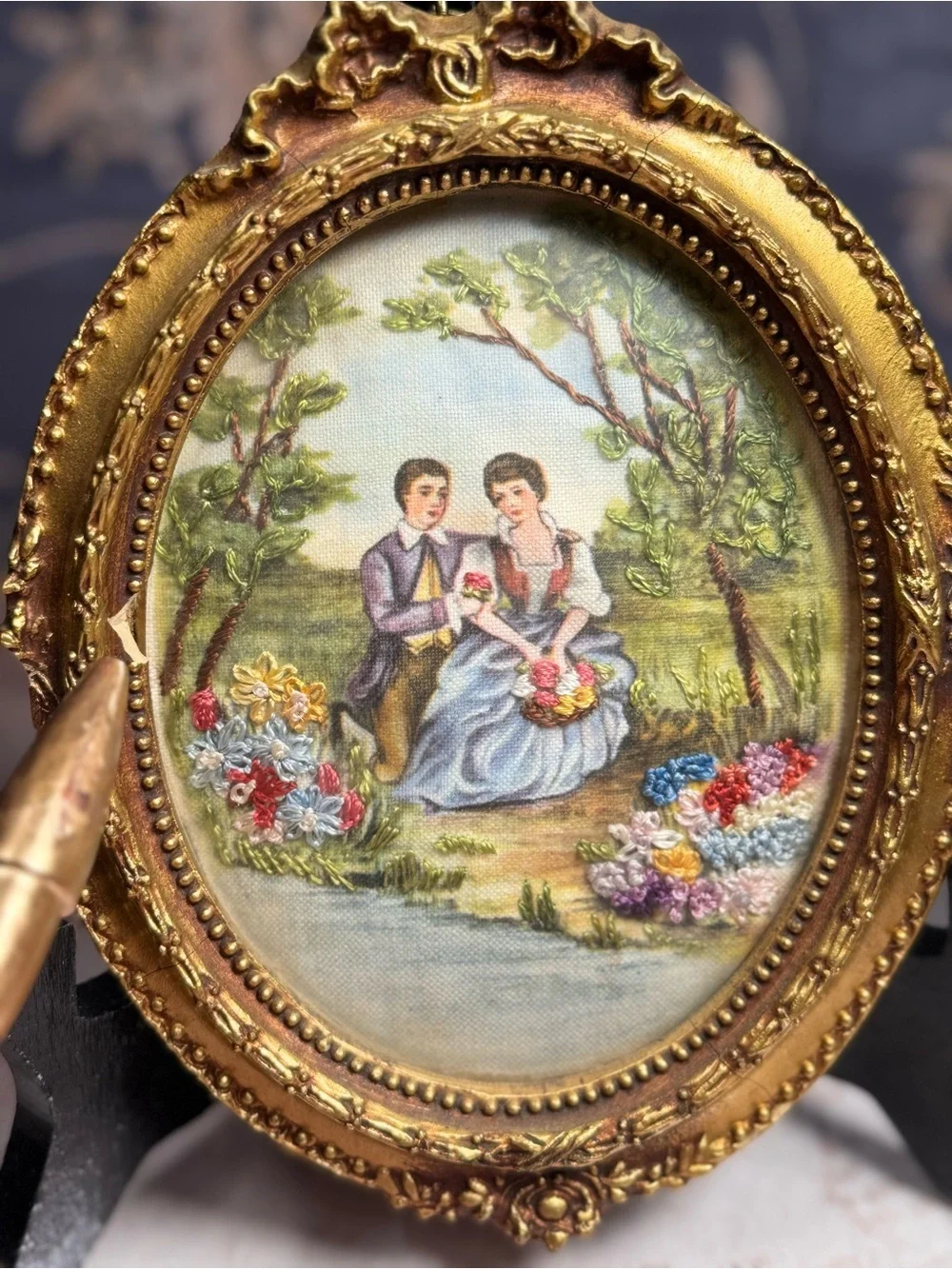 Vintage Courting Couple Silk Embroidery Convex Glass Wall Art Set 2